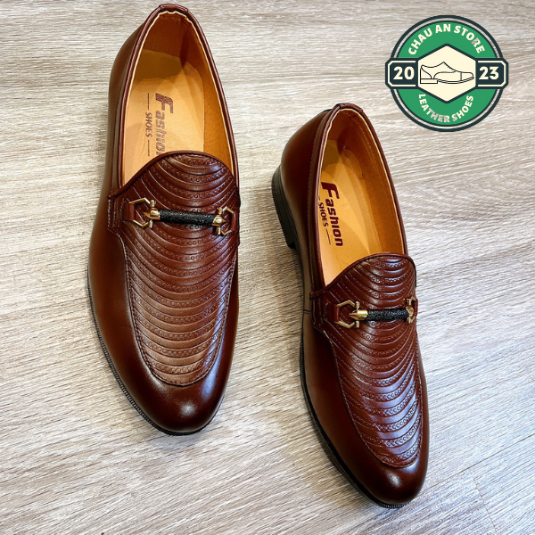 Giày lười da nam công sở 2 màu nâu đen vân cá sấu may viền khâu đế giày Dior full size 38 43