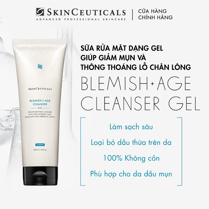 [HÀNG CTY] Sữa rửa mặt - Skinceuticals Blemish + Age Cleanser Gel giảm mụn và thông thoáng lỗ chân lông 240ml