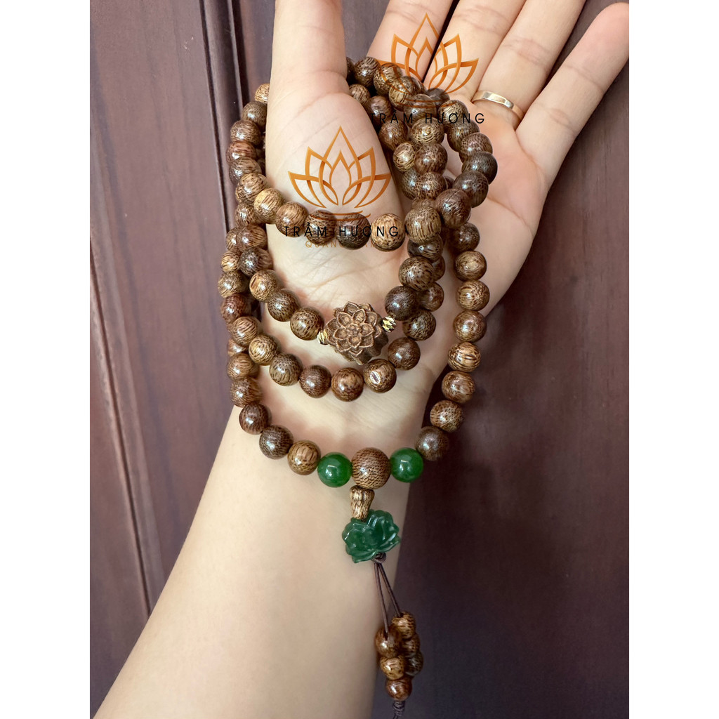 Vòng Đeo Trầm Hương 108 Hạt Mix Charm Hoa Sen Đá - Trầm Hương tốc vườn VTTH72