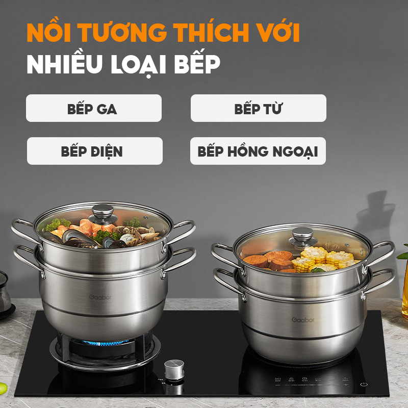 [Quà tặng không bán] Bộ nồi hấp 2 tầng inox Colosmulti dùng cho bếp ga, bếp từ, bếp hồng ngoại, nắp kính thủy tinh