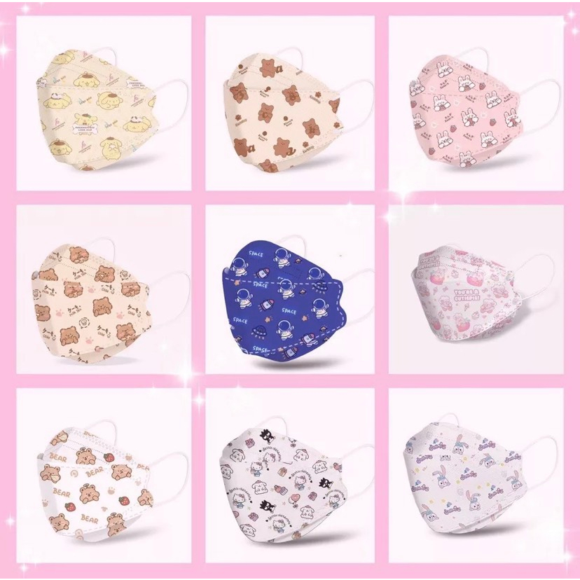 KHẨU TRANG KF94 Taki 4 Lớp Người lớn in hoạ tiết gấu dâu Lotso thỏ