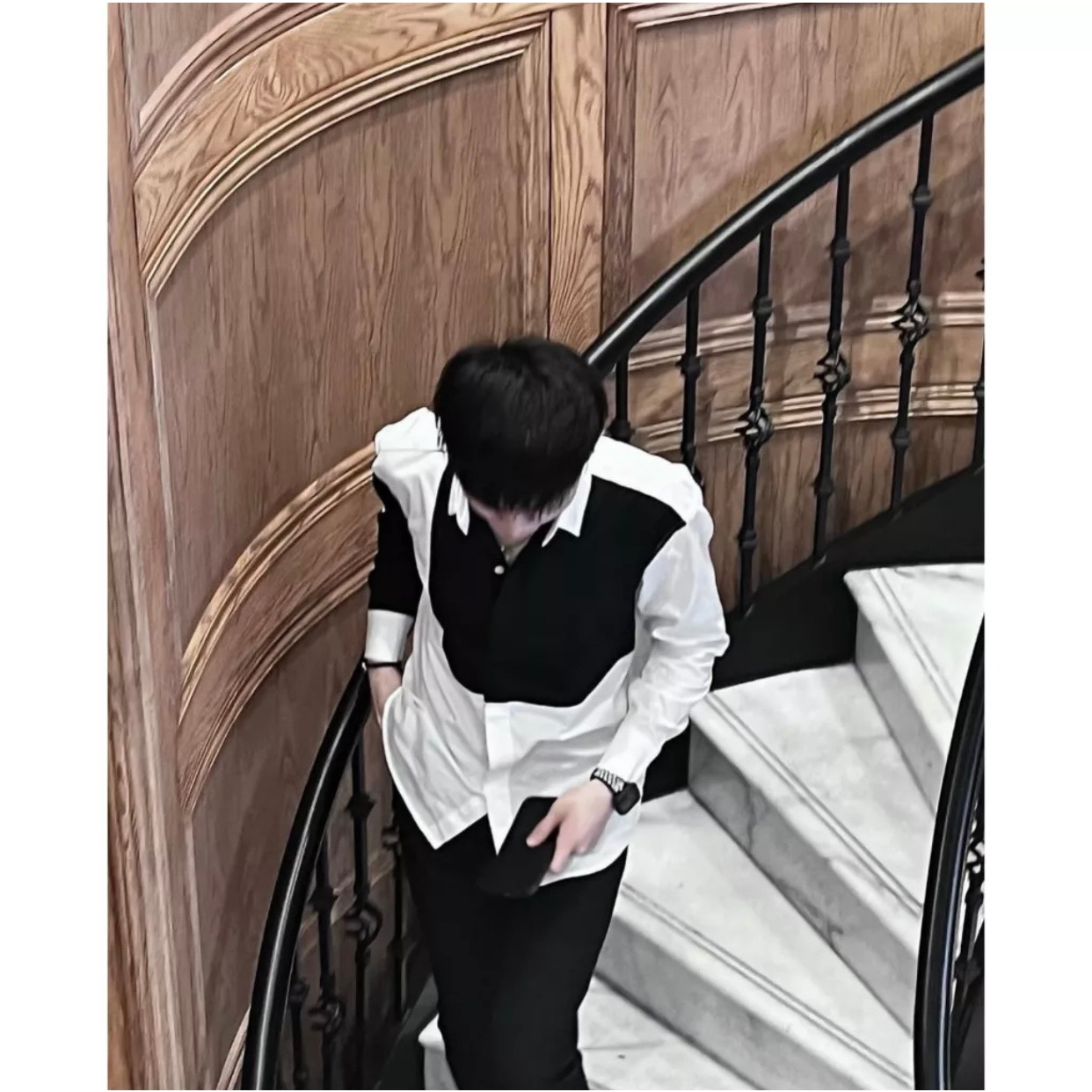 Áo Sơ Mi Phối Đen Trắng Dài Tay Cổ Cứng Vải Cotton Lụa Cao Cấp | BigBuy360 - bigbuy360.vn