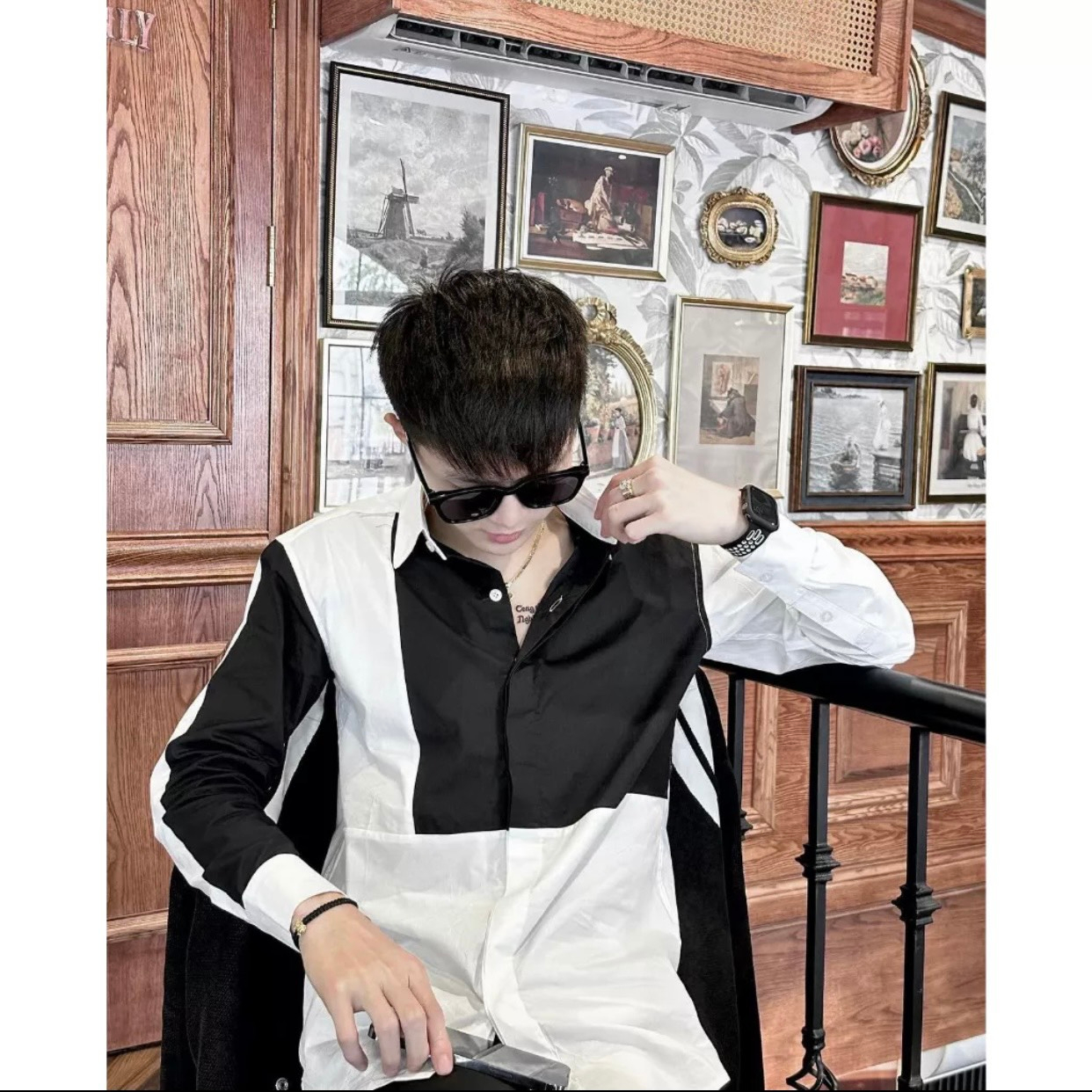 Áo Sơ Mi Phối Đen Trắng Dài Tay Cổ Cứng Vải Cotton Lụa Cao Cấp | BigBuy360 - bigbuy360.vn