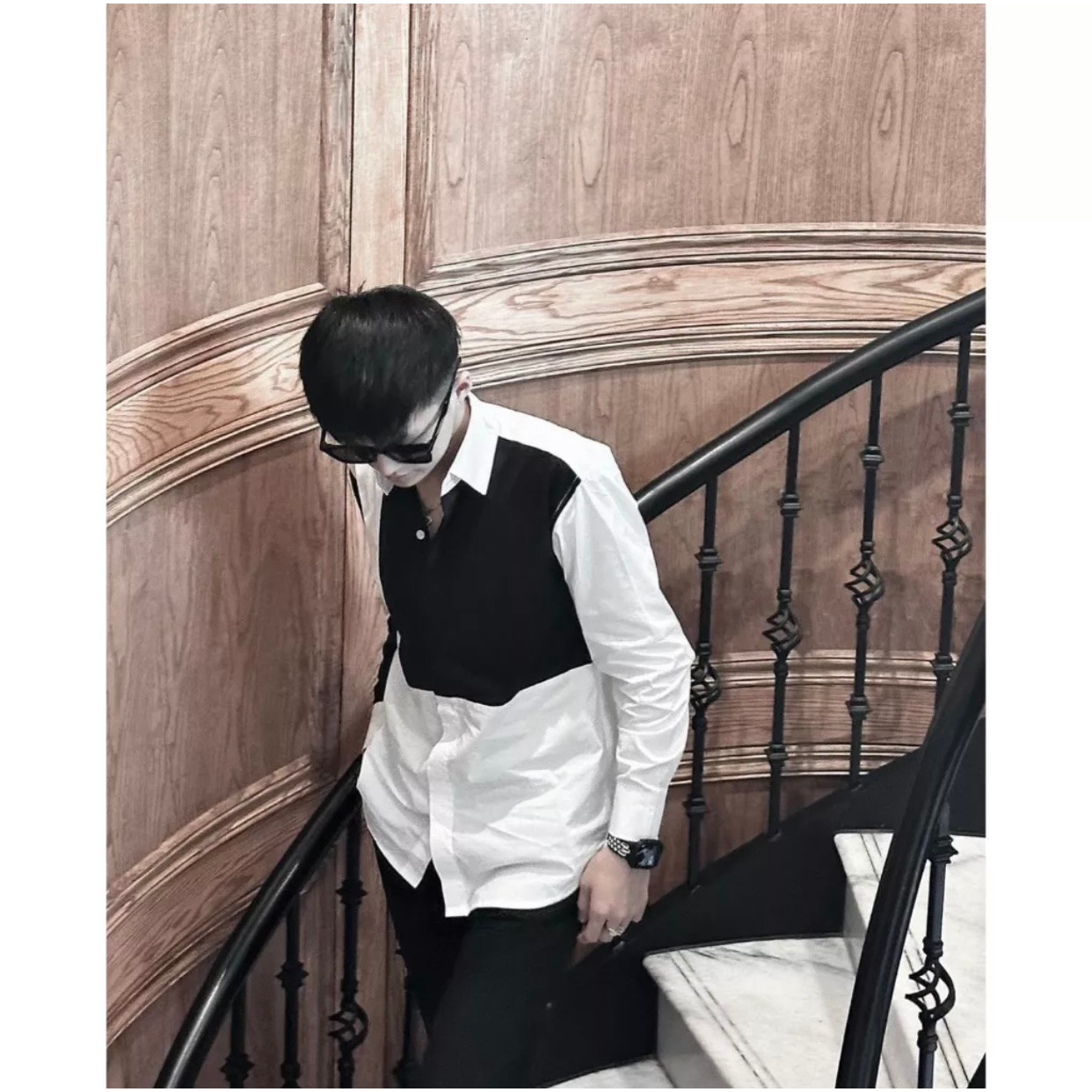 Áo Sơ Mi Phối Đen Trắng Dài Tay Cổ Cứng Vải Cotton Lụa Cao Cấp | BigBuy360 - bigbuy360.vn