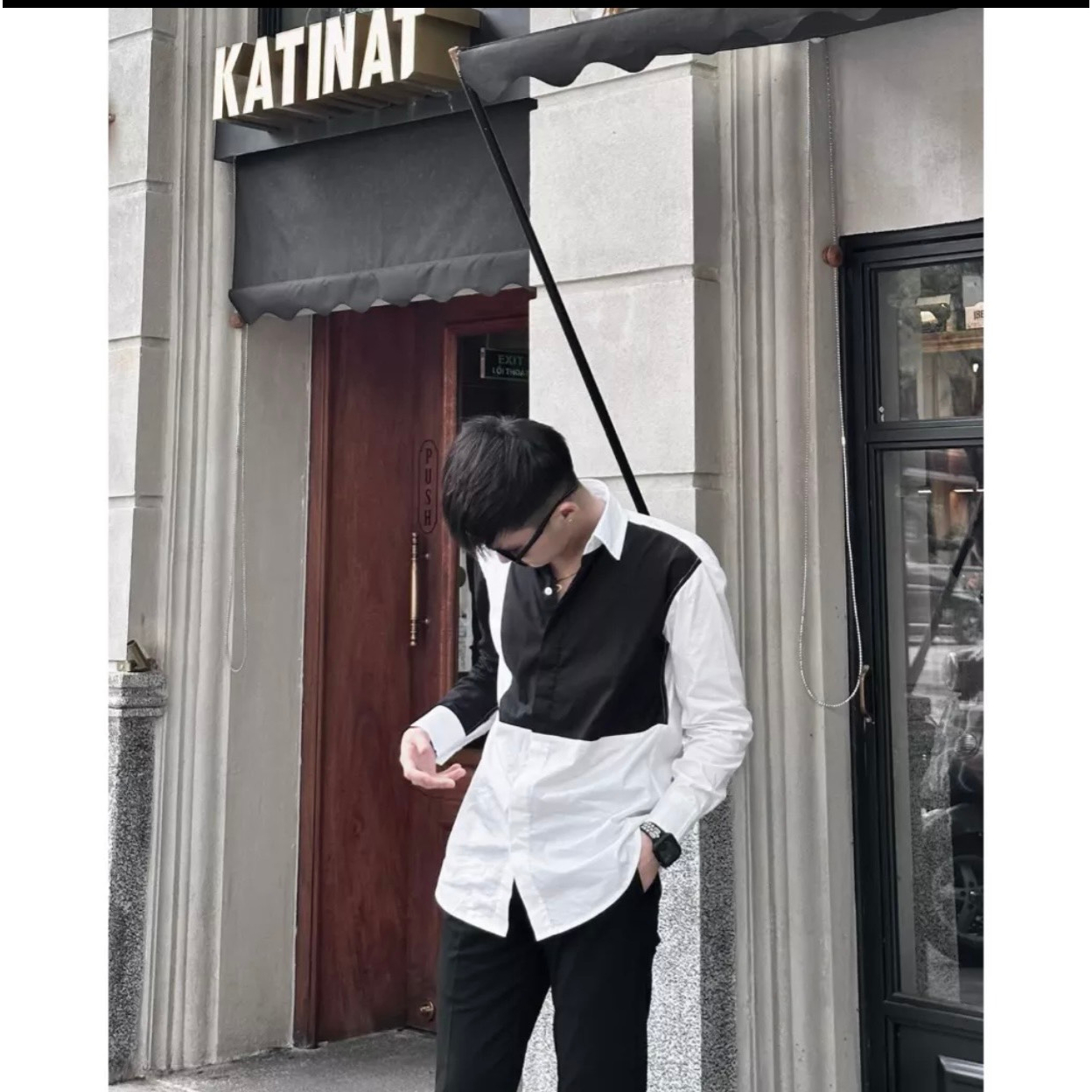 Áo Sơ Mi Phối Đen Trắng Dài Tay Cổ Cứng Vải Cotton Lụa Cao Cấp | BigBuy360 - bigbuy360.vn