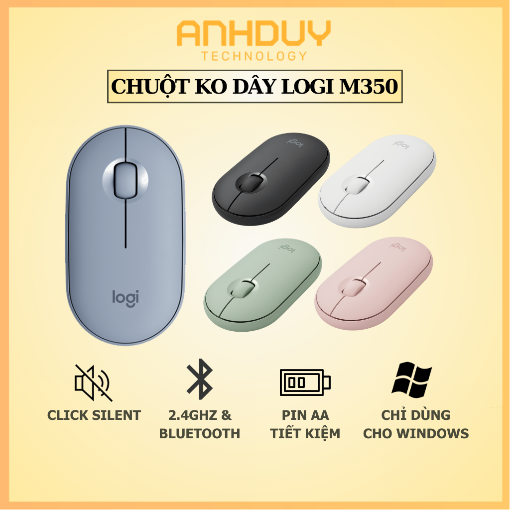 Chuột không dây bluetooth Logitech Pebble M350 OEM thiết kế mini click silent 5 màu tùy chọn