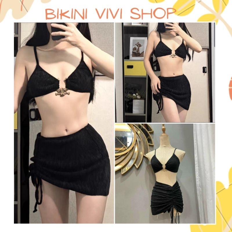 Bikini đi biển, bộ bơi 3 mảnh khoen ngực váy rút dây vải xốp màu đen Vivi Shop