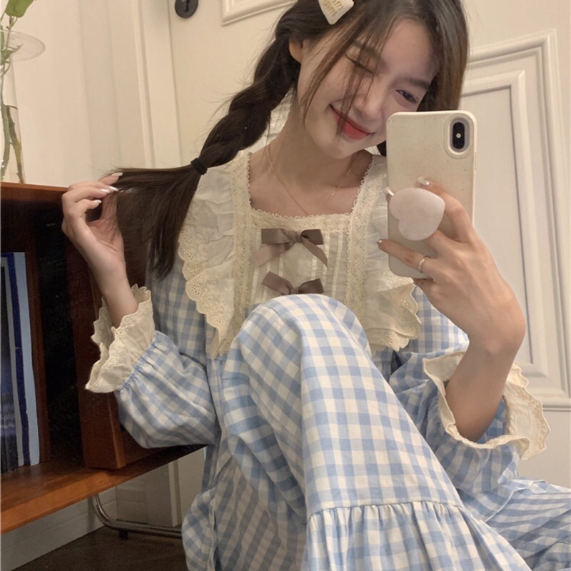 Đồ Ngủ Pijama Hàn Quốc- Đồ Bộ Nữ Mặc Nhà Tiểu Thư Sọc Caro Dễ Thương ULZZANG Công Chúa