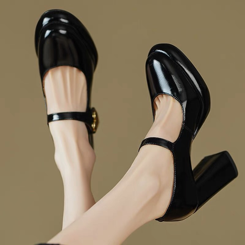 🌼ORDER 🌼 Giày đế đúp da trơn quai cài giữa mũi tròn 34-39 10cm đỏ & đen