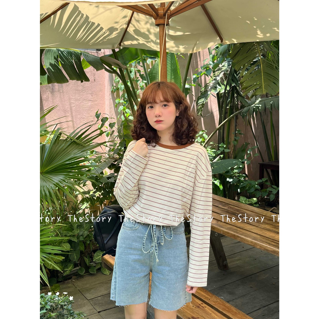 Áo thun nữ tay dài sọc ngang  Kem sọc nhiều màu A2626