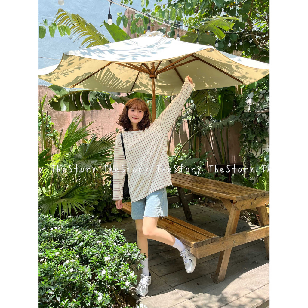 Áo thun nữ tay dài sọc ngang  Kem sọc nhiều màu A2626