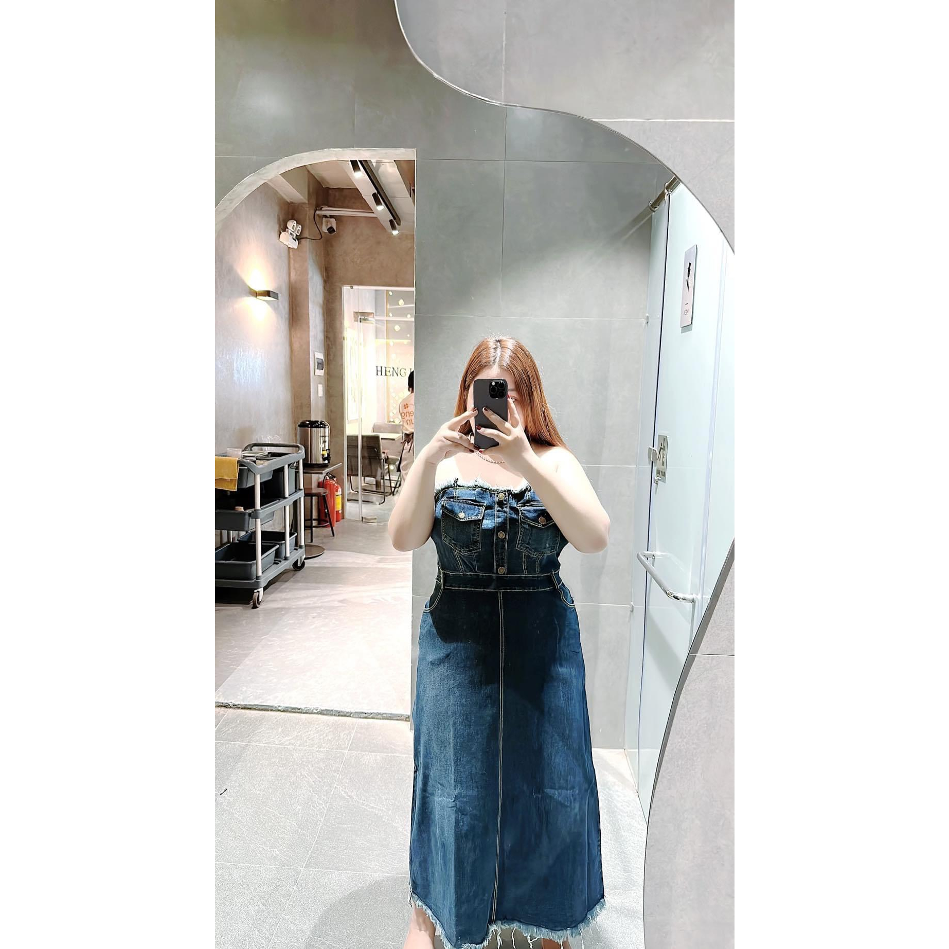 Đầm Jeans Quây Ngực Túi Nắp Kèm Dây Nịch Đầm Jeans Dáng Dài Bigsize Quỳnh Anh Từ 50 kg Đến 100 kg M/L/XL/XXL