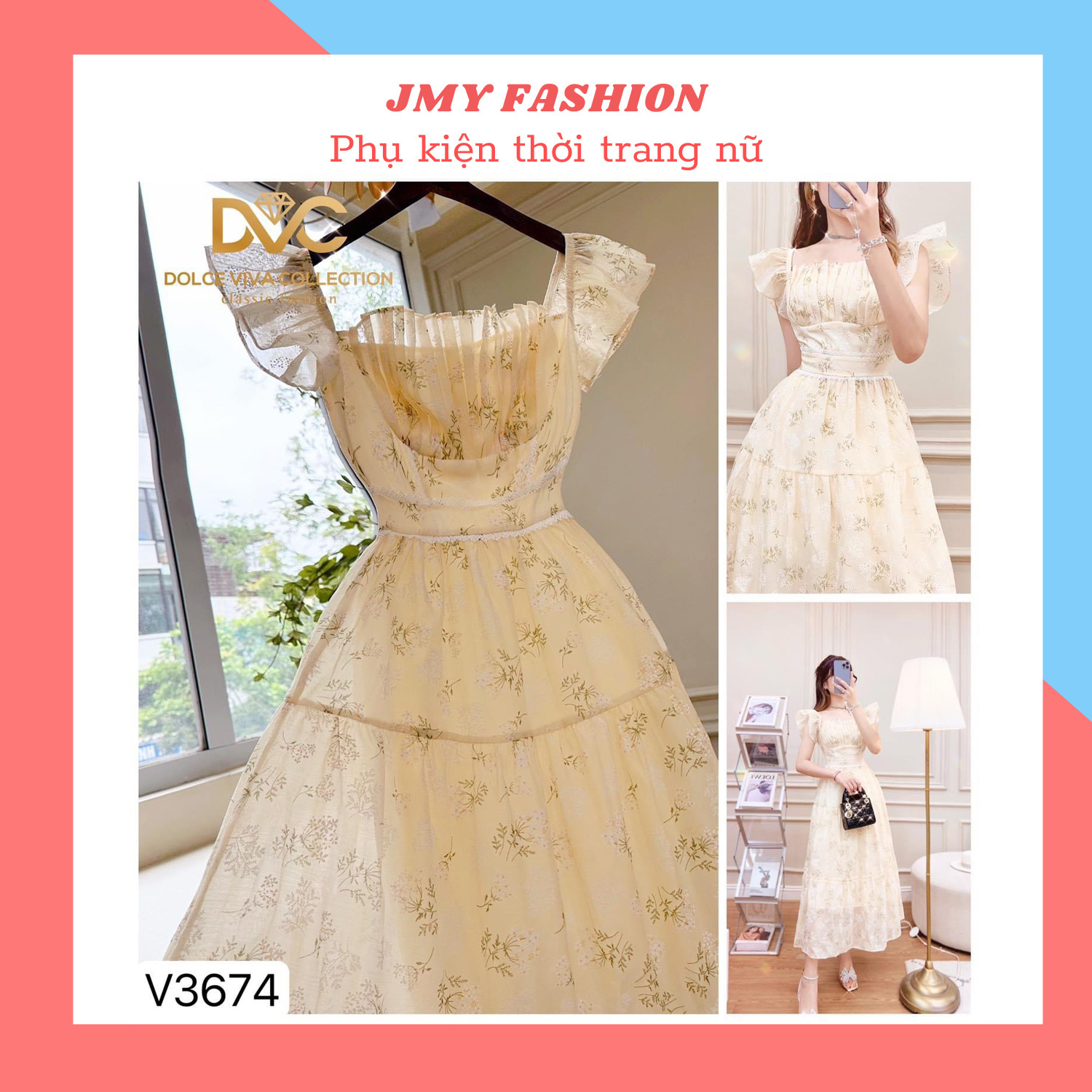 váy voan cổ xếp ly tay bèo vintage
