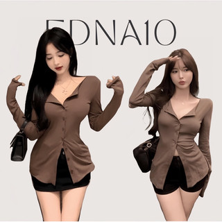 Áo nâu tay dài chất thun phối nút thiết kế cổ bẻ gợi cảm dáng ôm