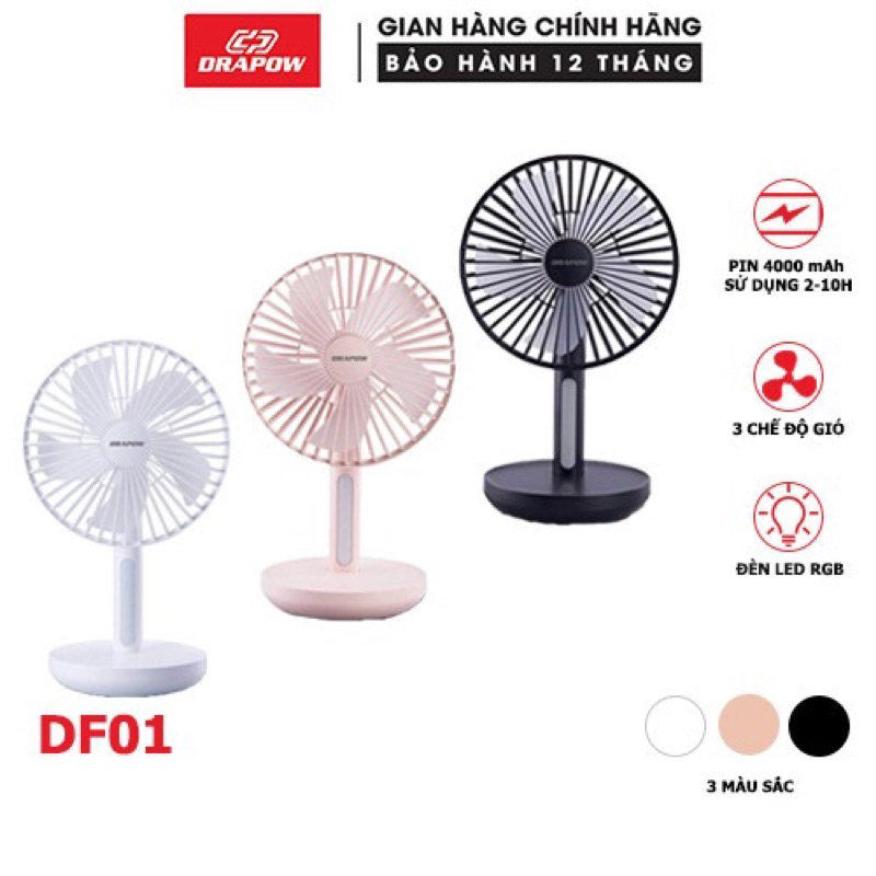 Quạt Để Bàn Tích Điện mini 3 in 1 Drapow DF01 - Pin 4000 Mah, Có Đèn Led, Sạc dự Phòng