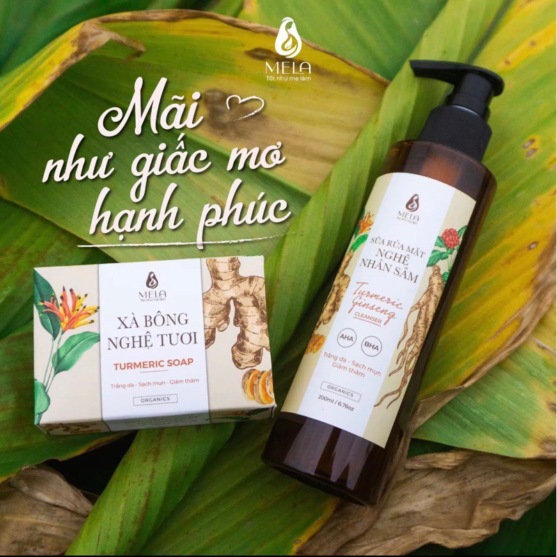 Combo Xà Bông Nghệ Tươi Và Sữa Rửa Mặt Nghệ Nhân Sâm Mela Hỗ Trợ Giảm Mụn Cơ Thể