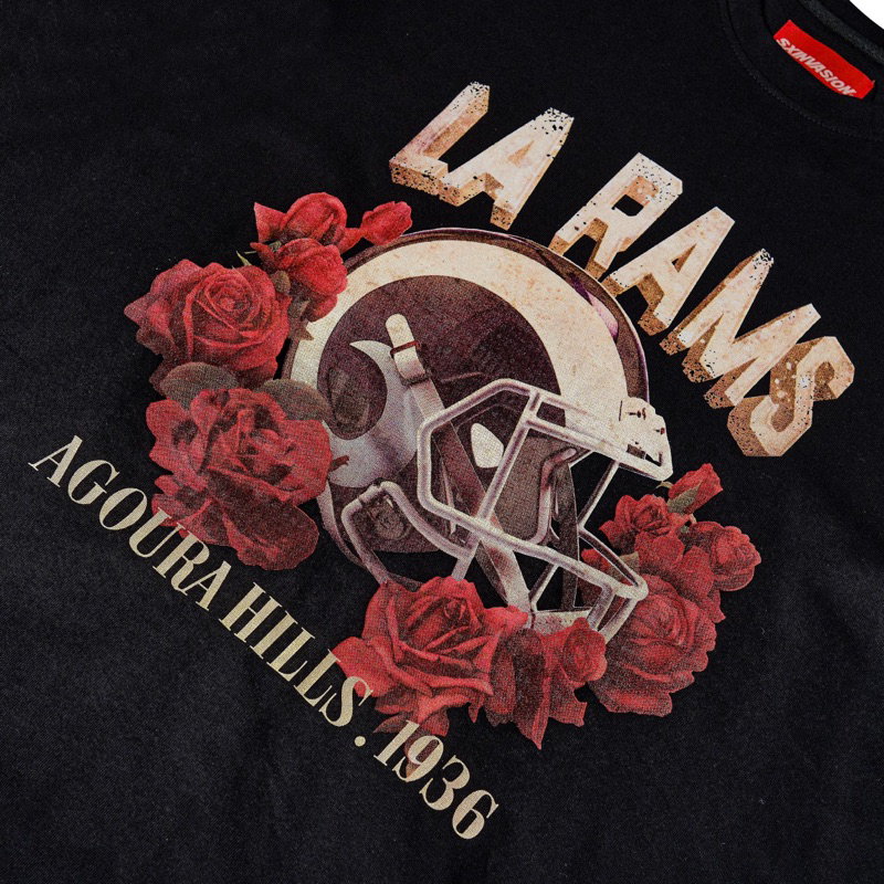 Áo thun phom rộng đen in trame hình cổ điển LARAMS ĐEN 07 SXINVASION