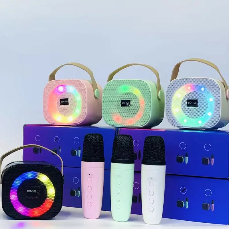 Loa karaoke mini bluetooth BD 108 GROWNTECH đèn led đẹp tặng kèm micro không dây phù hợp giải trí du lịch bảo hành 2 năm