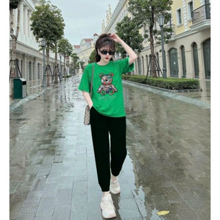 Set đồ ngắn nữ, bộ thể thao hè nữ form rộng áo thêu logo gấu quần jogger họa tiết in 3d chất thun lạnh đủ size 45-70kg.