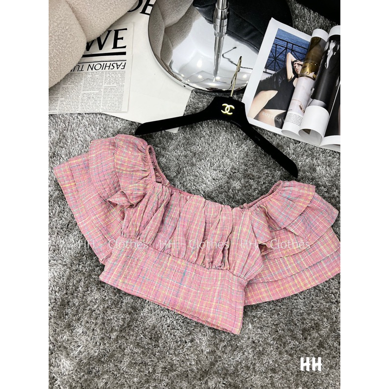 Áo kiểu cổ vuông kẻ hồng tay tầng - Dạ shop hè