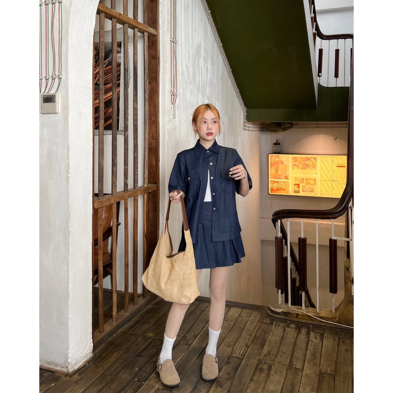 SET SƠ MI JEAN TÚI + CHÂN VÁY XẾP XOÈ - Hàng Có Sẵn