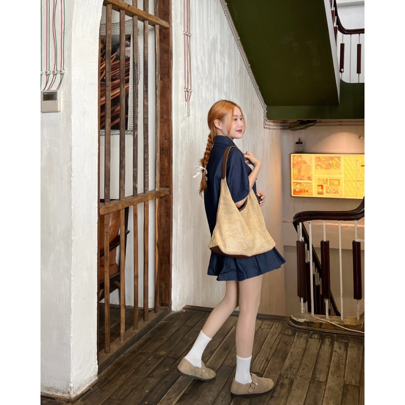 SET SƠ MI JEAN TÚI + CHÂN VÁY XẾP XOÈ - Hàng Có Sẵn