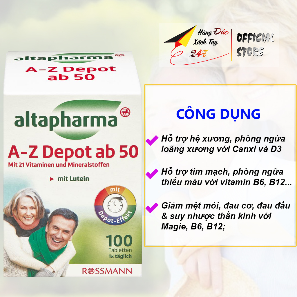 Viên uống bổ sung vitamin khoáng chất A-Z ab 50 Altapharma hỗ trợ sức khỏe tuổi trung niên hàng Đức 100V
