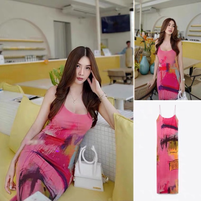 Váy 2 dây họa tiết zr vải sheer lưới co giãn