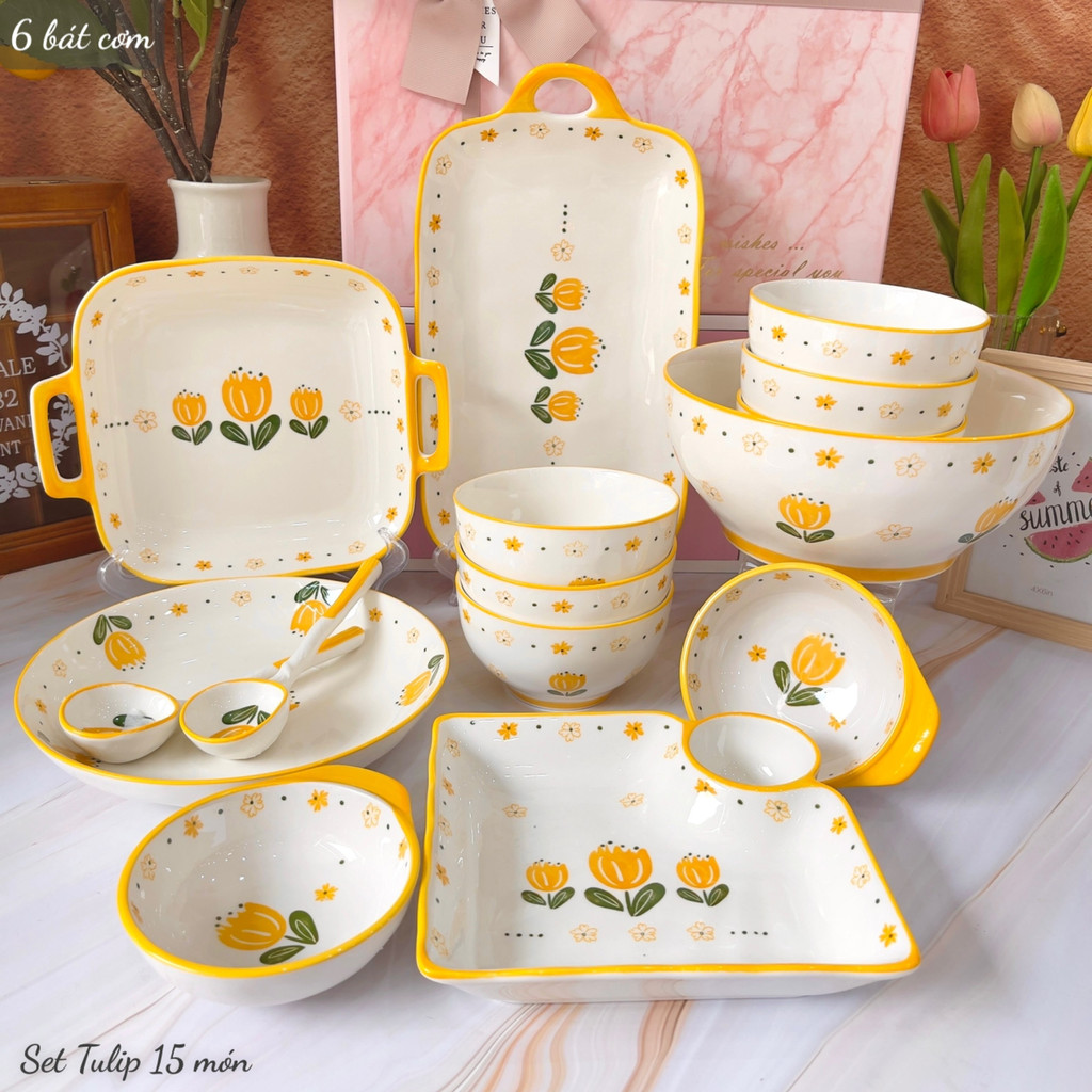 Bát đĩa sứ decor, Chén dĩa dễ thương hoạ tiết hoa tulip vàng đẹp cao cấp