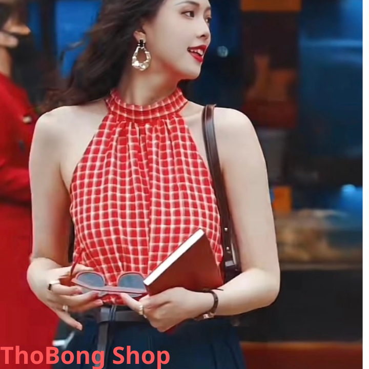 Áo Sơ Mi Nữ Kẻ Caro Sát Nách Cổ Tròn Cài Khuy Sau Chất Liệu Cotton Phong Cách Trẻ Trung Sang Trọng.