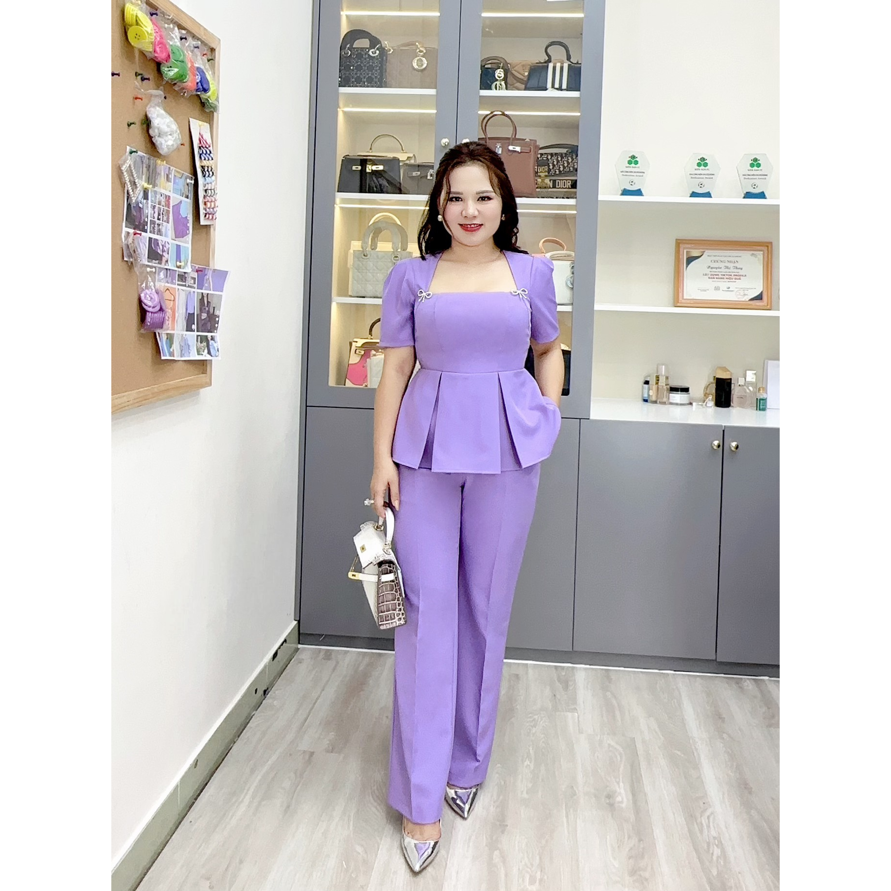 Set nữ bigsize, set áo cổ vuông peplum tay phồng 2 nơ đá kèm quần dài