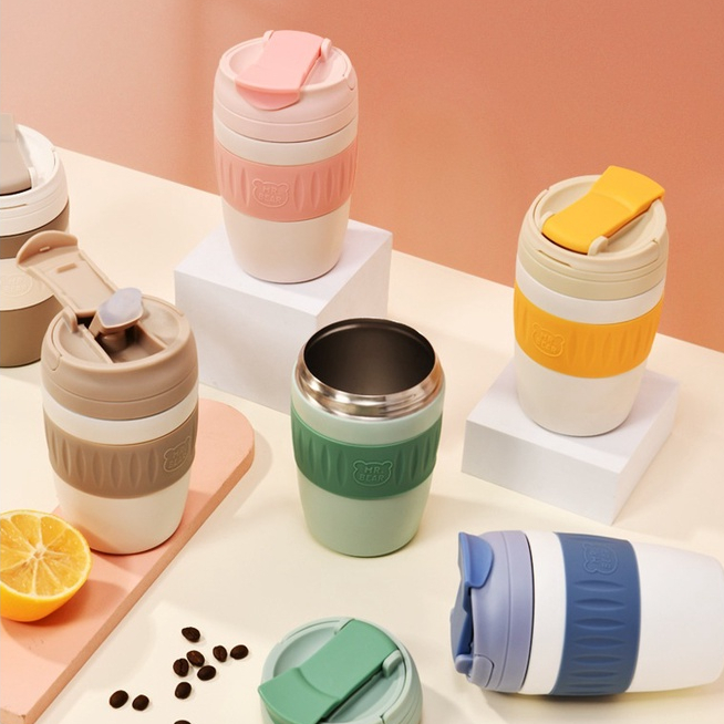 Cốc giữ nhiệt mini 370ml, ly giữ nhiệt cà phê Mr Bear bằng thép không gỉ 304 chống tràn, tặng kèm sticker 2D