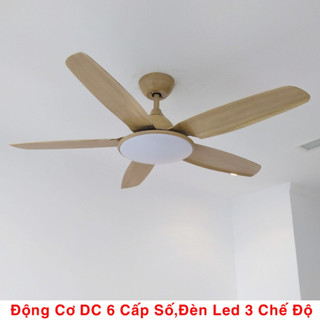 Quạt Trần Đèn 5 Cánh Màu Vân Gỗ Động Cơ DC Điều Khiển 6 Số,Bảo Hành 2 Năm