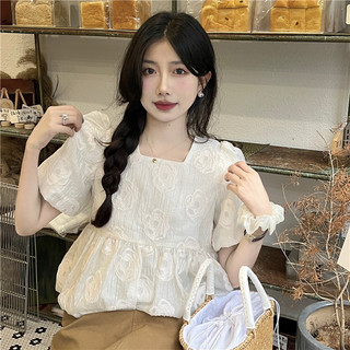 Áo sơ mi babydoll nữ tay ngắn phồng cổ vuông dập hoa, sơ mi nữ trắng bồng dáng búp bê Hàn Quốc 2222