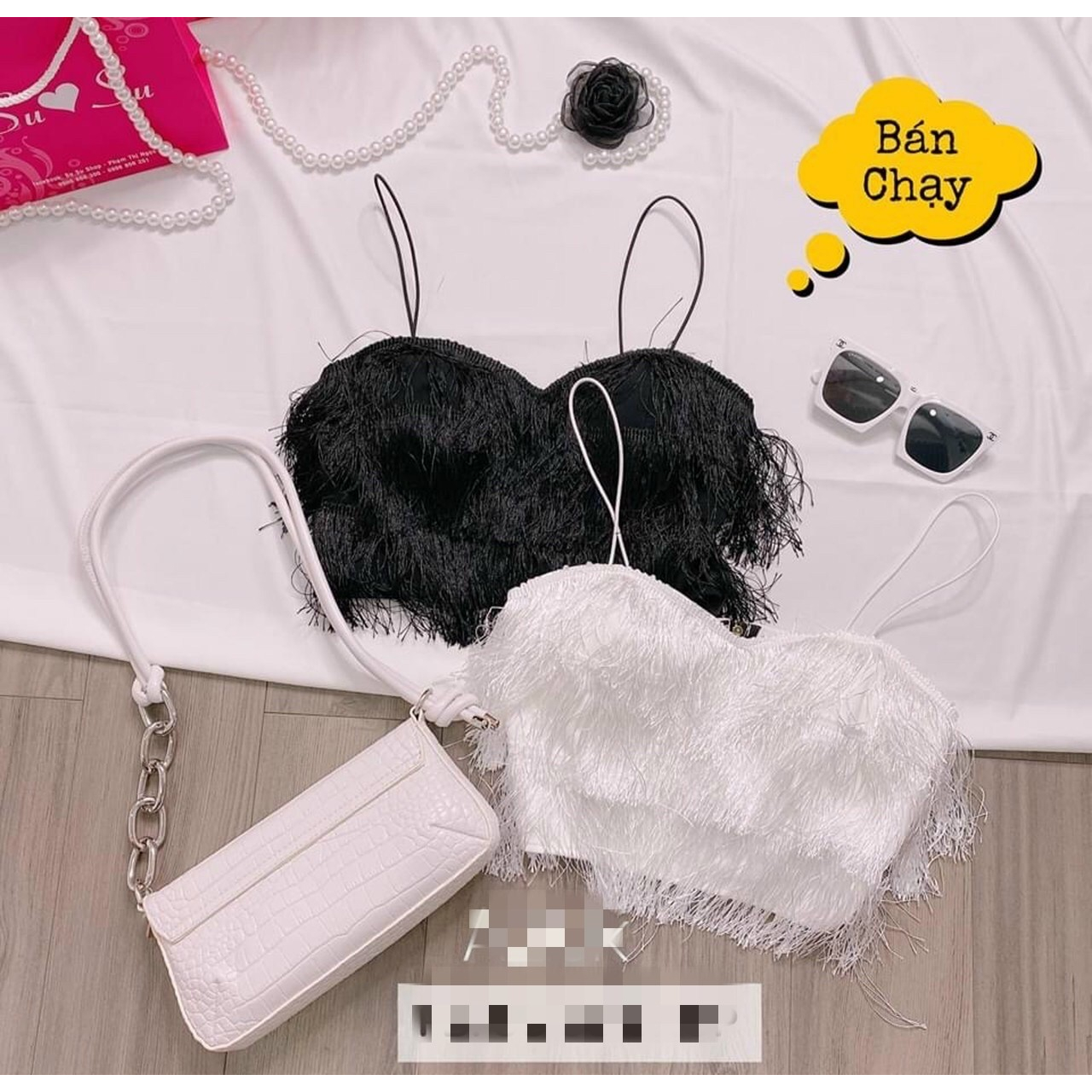Áo Hai Dây Kiểu Nữ Dáng Croptop Tua Rua Y Hình - Có Sẵn Mút Sau Lưng Nhún Chỉ