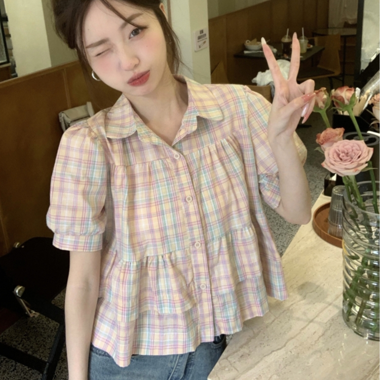 Áo sơ mi nữ búp bê kẻ sọc tay ngắn, sơ mi nữ kiểu tay ngắn caro phong cách dễ thương 6608