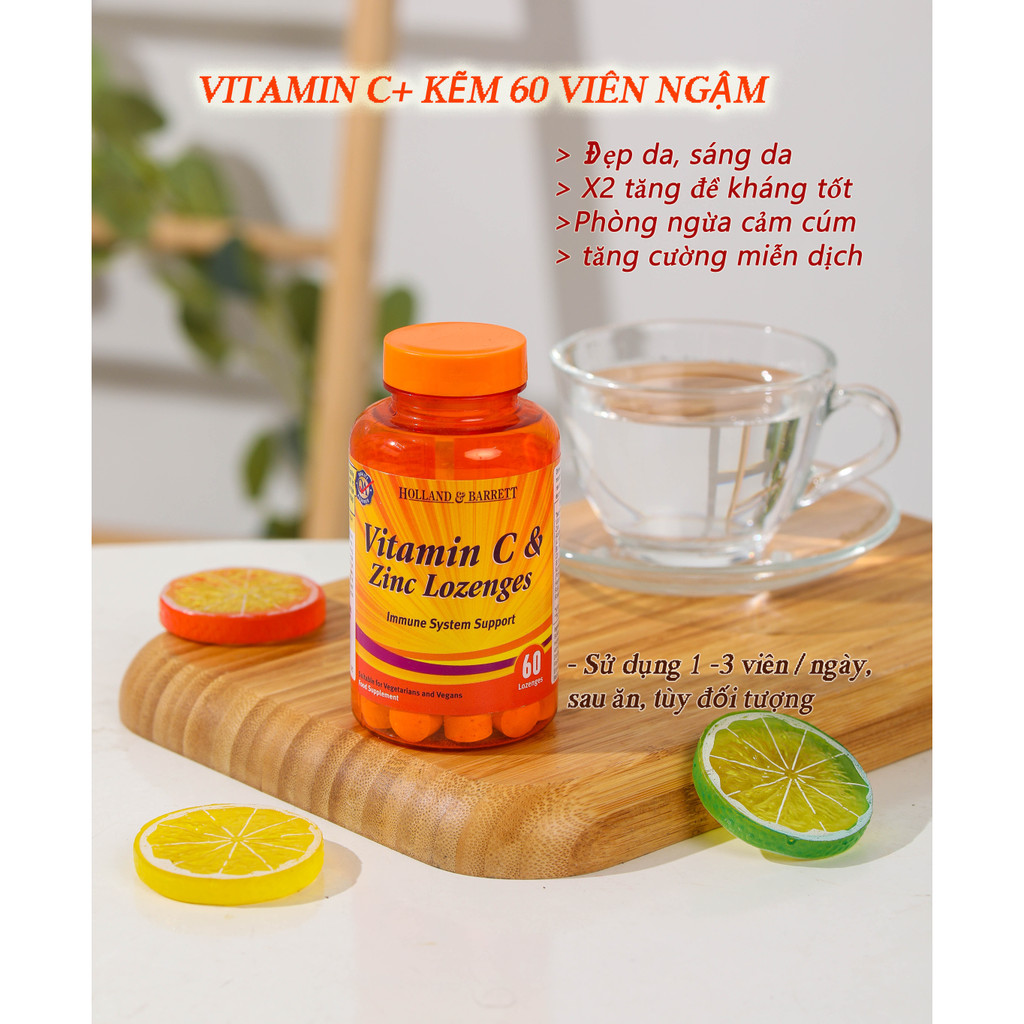 Vitamin C + kẽm 𝗛𝗼𝗹𝗹𝗮𝗻𝗱 𝗕𝗮𝗿𝗿𝗲𝘁𝘁 𝟲𝟬 𝗟𝗼𝘇𝗲𝗻𝗴𝗲𝘀- UK- 60 viên