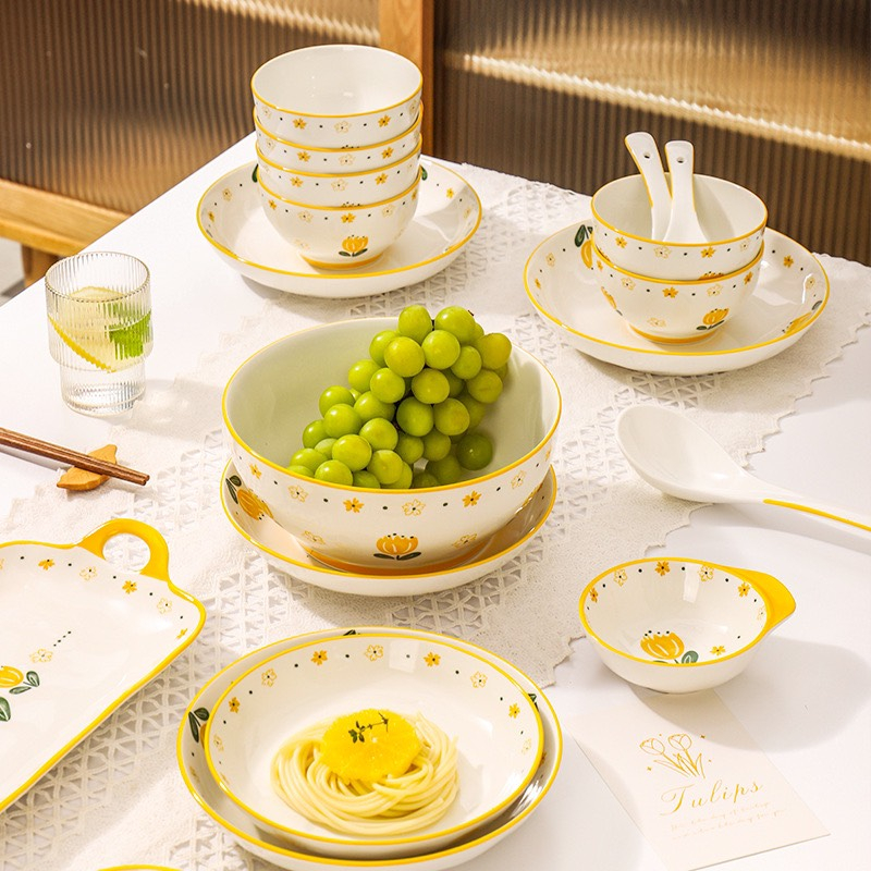 Bát đĩa sứ decor, Chén dĩa dễ thương hoạ tiết hoa tulip vàng đẹp cao cấp