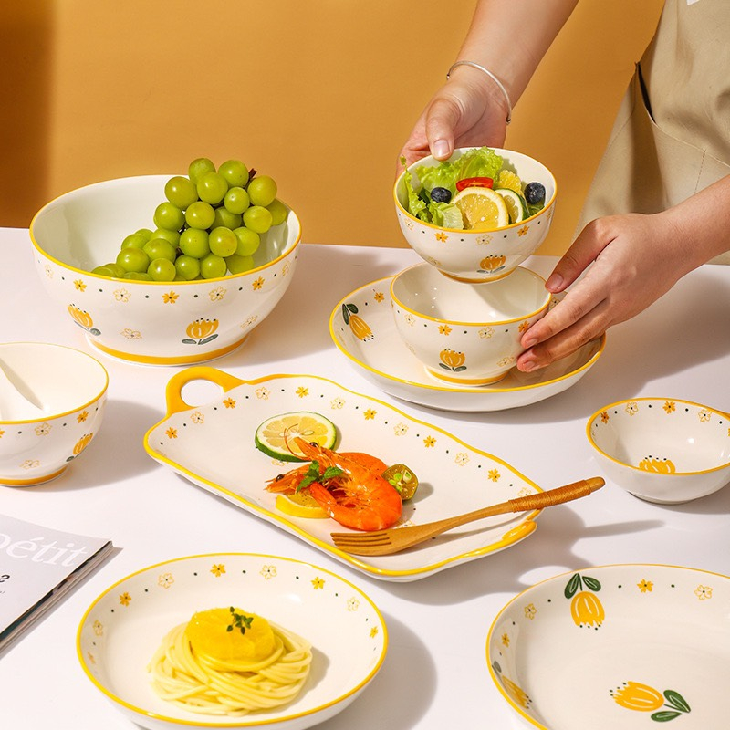 Bát đĩa sứ decor, Chén dĩa dễ thương hoạ tiết hoa tulip vàng đẹp cao cấp