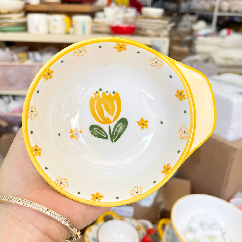 Bát đĩa sứ decor, Chén dĩa dễ thương hoạ tiết hoa tulip vàng đẹp cao cấp