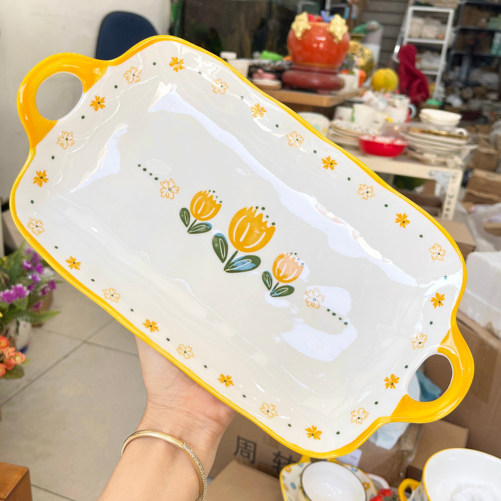 Bát đĩa sứ decor, Chén dĩa dễ thương hoạ tiết hoa tulip vàng đẹp cao cấp
