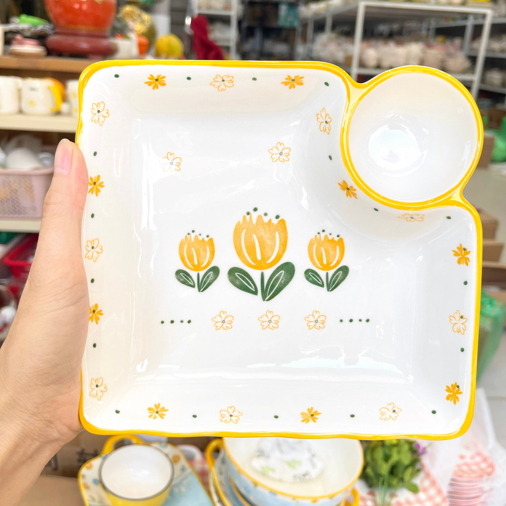 Bát đĩa sứ decor, Chén dĩa dễ thương hoạ tiết hoa tulip vàng đẹp cao cấp