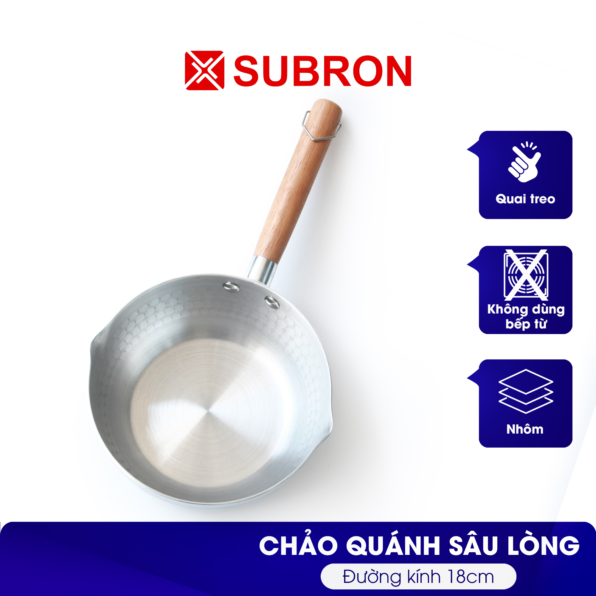 Chảo sâu lòng 18cm, vân tổ ong, chảo quánh nhôm có tay cầm gỗ và quai treo tiện lợi, chảo sữa, nồi nấu bột cho bé
