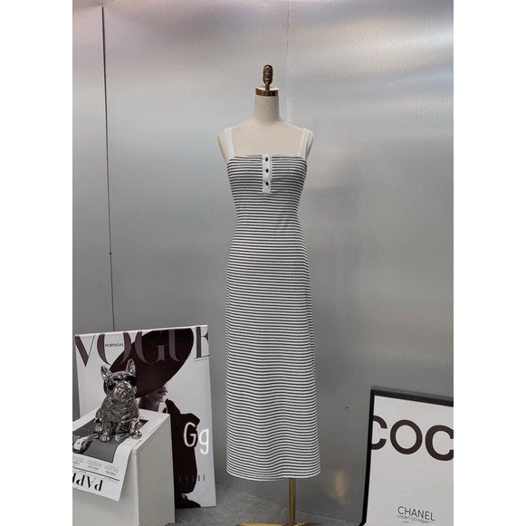 Đầm hai dây bản vuông ôm body dáng dài cài nút họa tiết sọc ngang chất thun gân mềm mịn
