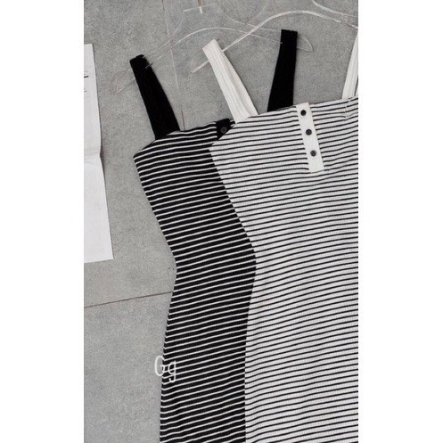 Đầm hai dây bản vuông ôm body dáng dài cài nút họa tiết sọc ngang chất thun gân mềm mịn