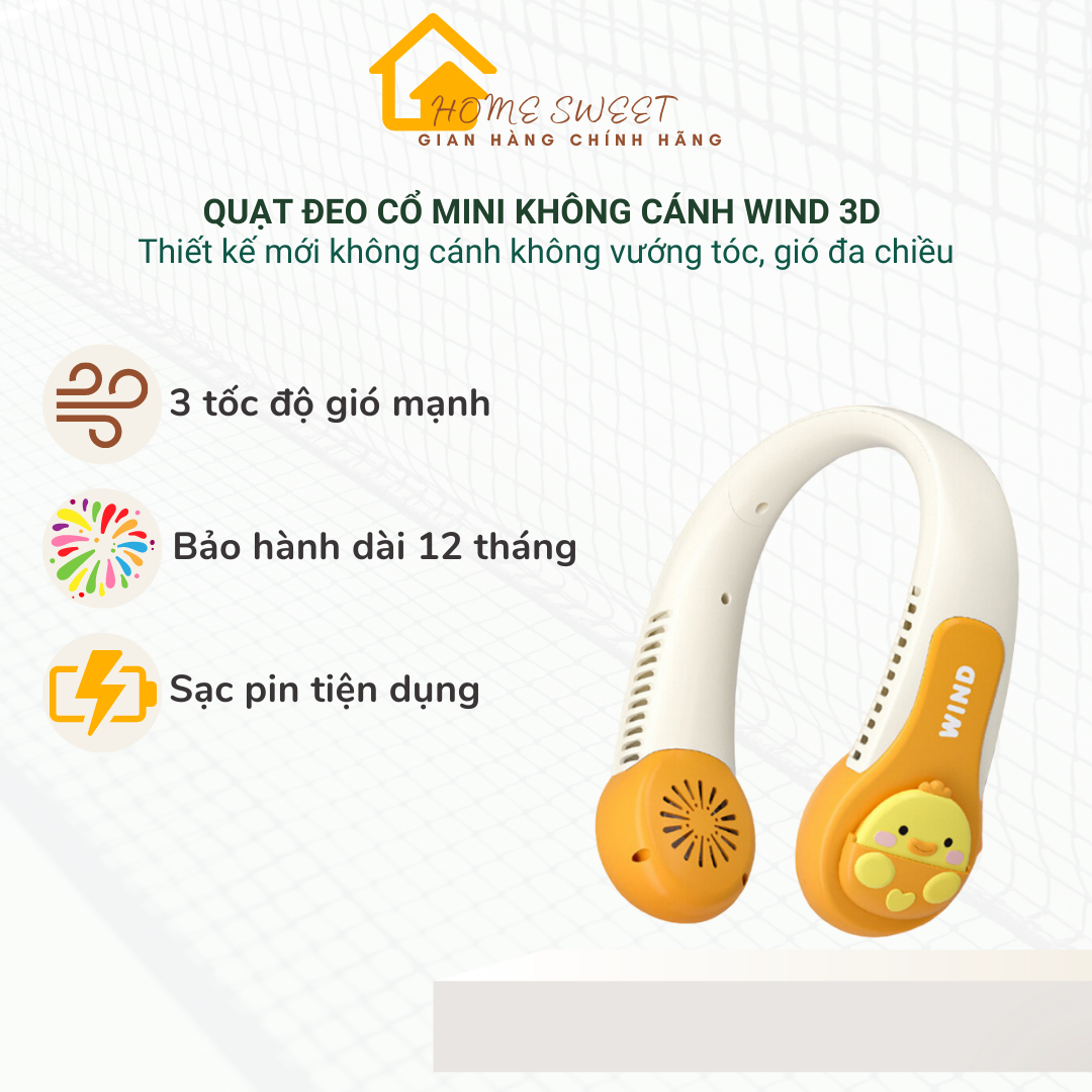 Quạt đeo cổ mini WIND không cánh, quạt mini sạc tích điện USB dung lượng pin cao 3 cấp độ gió êm ái, bảo hành 12 tháng