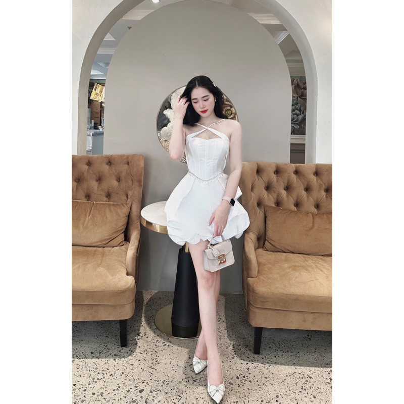 Váy Tafta Cổ Yếm Viền Đá Bồng Hàng Thiết Kế Cao Cấp Mã GH159