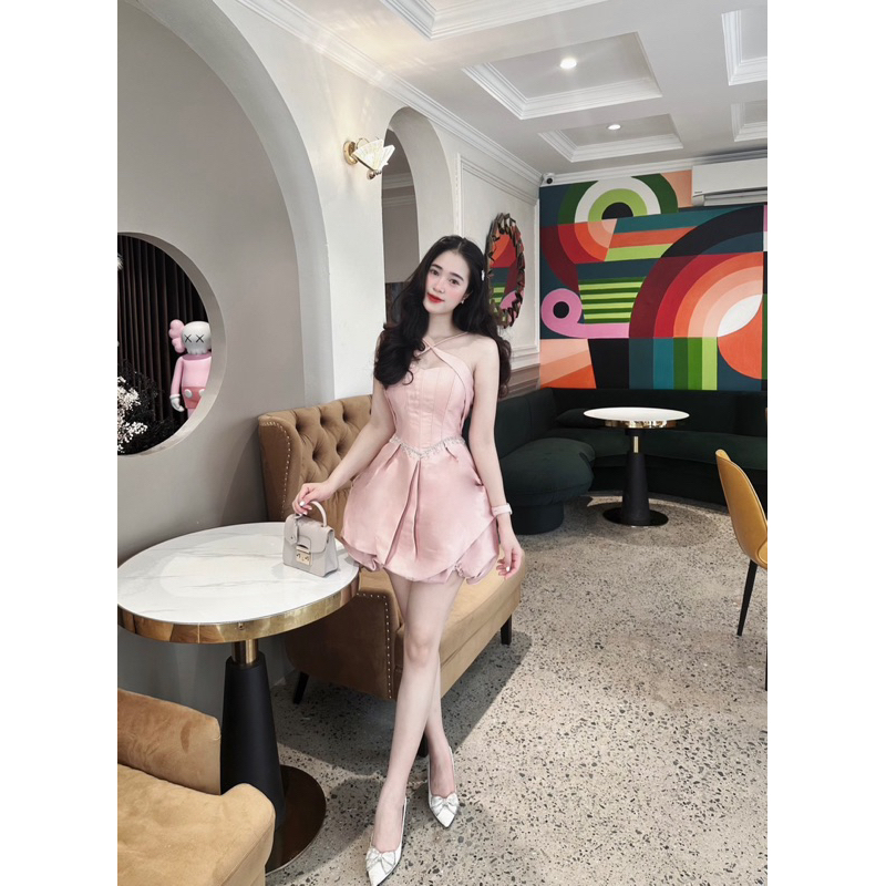 Váy Tafta Cổ Yếm Viền Đá Bồng Hàng Thiết Kế Cao Cấp Mã GH159