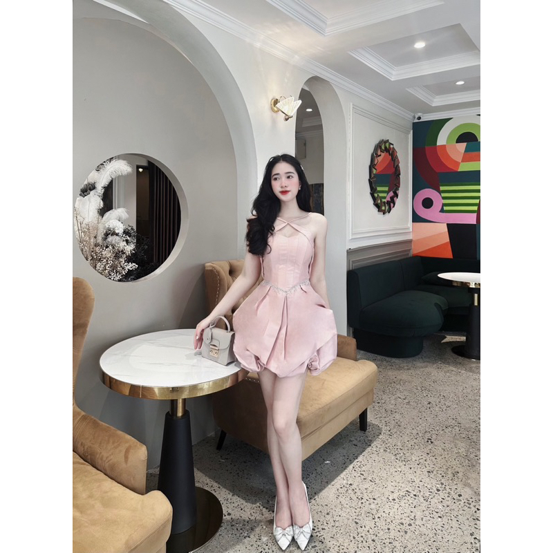 Váy Tafta Cổ Yếm Viền Đá Bồng Hàng Thiết Kế Cao Cấp Mã GH159