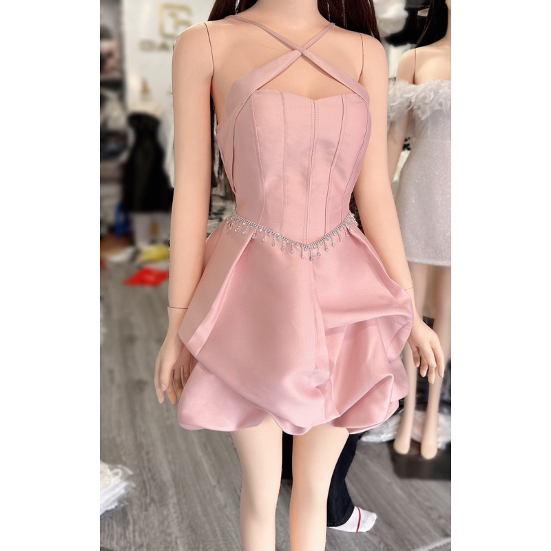 Váy Tafta Cổ Yếm Viền Đá Bồng Hàng Thiết Kế Cao Cấp Mã GH159